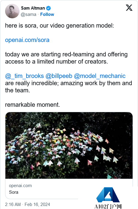 OpenAI 正在推出一种新的视频生成模型，它的名字叫 Sora