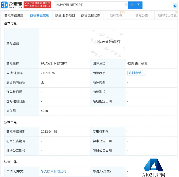 华为GPT相关商标“HUAWEI NETGPT”正在申请注册中